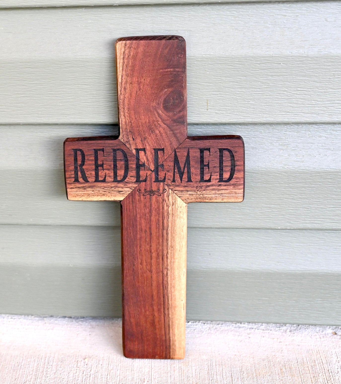Handmade "Redeemed" Rustic Walnut Cross
