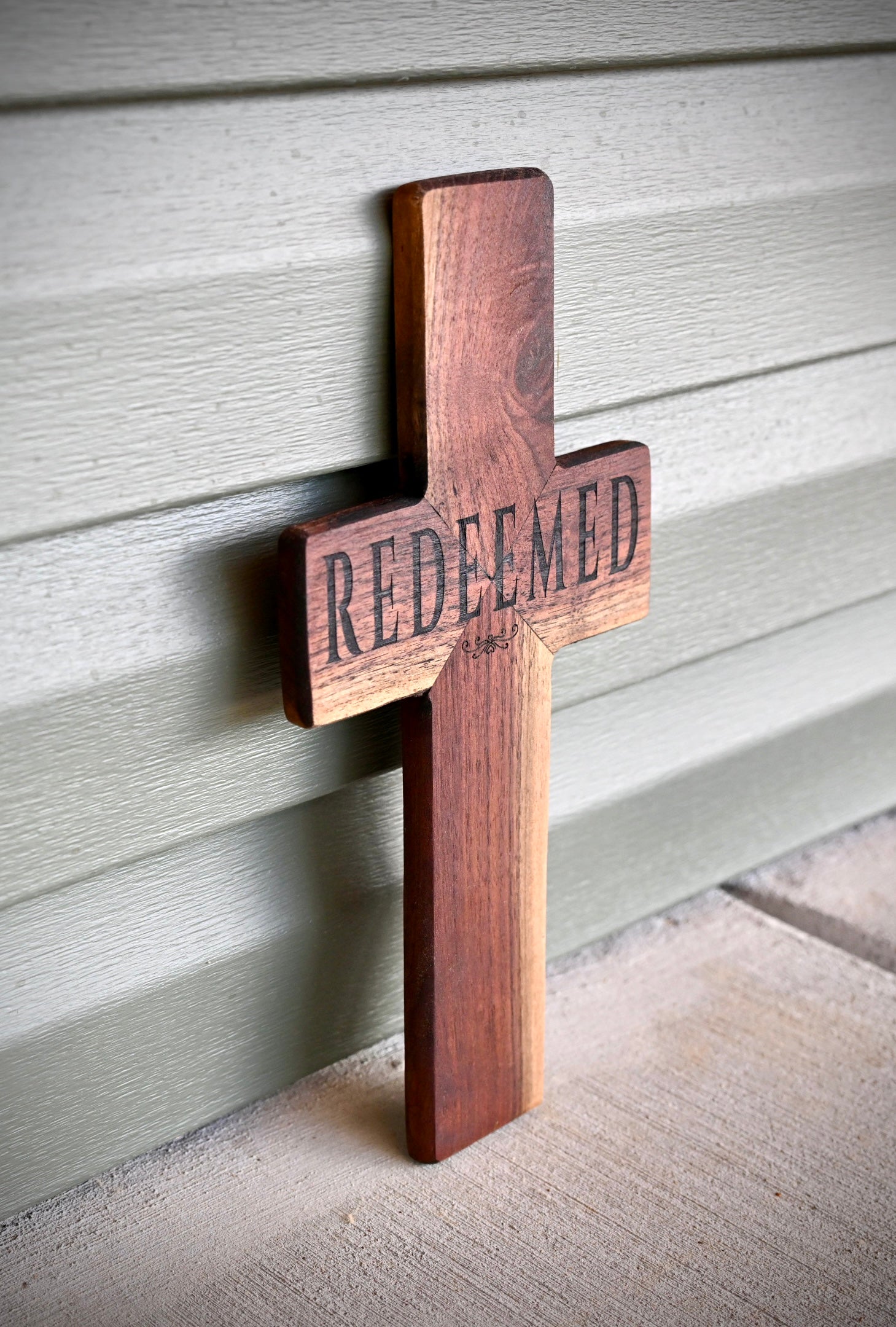 Handmade "Redeemed" Rustic Walnut Cross