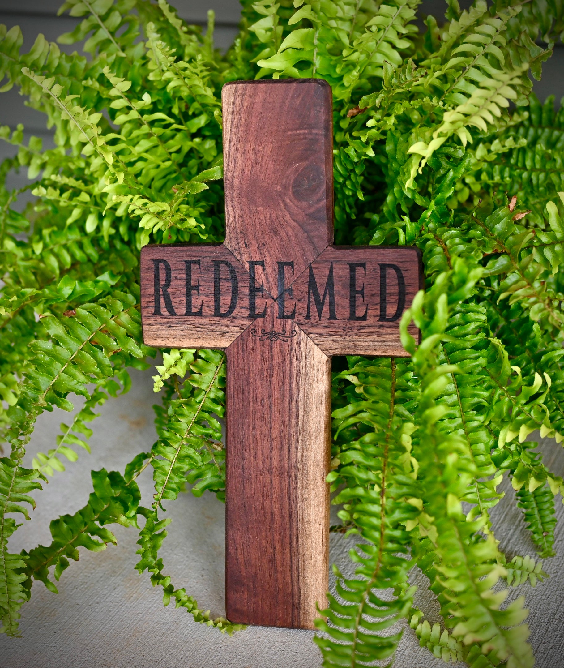 Handmade "Redeemed" Rustic Walnut Cross